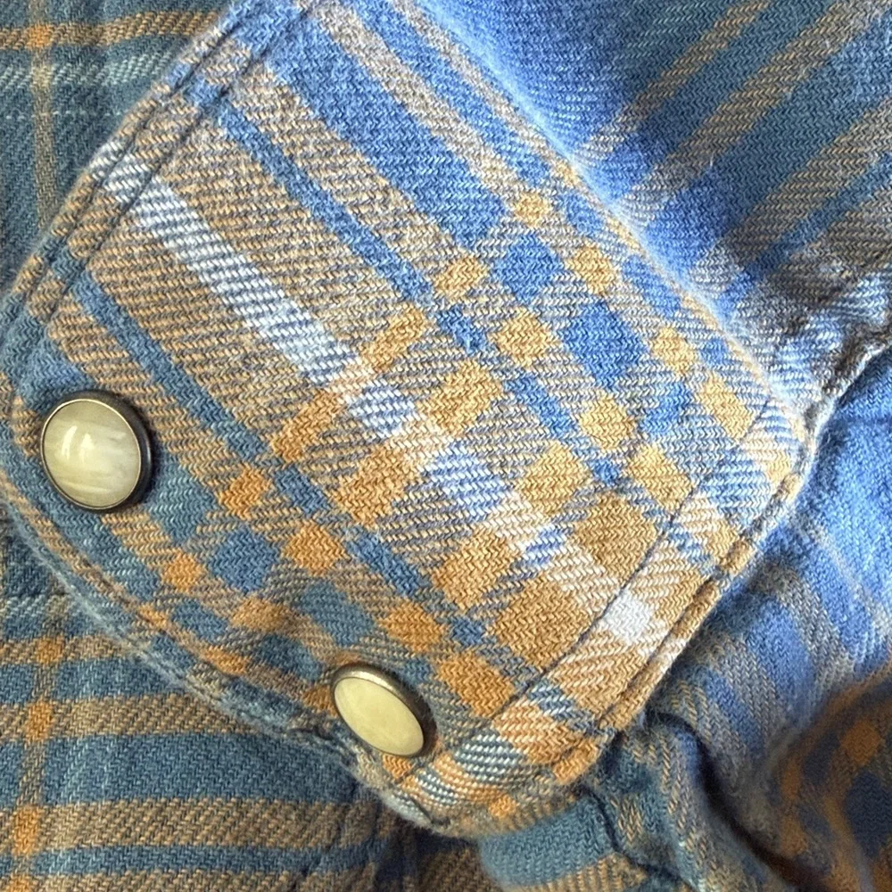 Lucky Brand Santa Fe Western Flannel Shirt Blue Gold White Plaid Snap Closure L